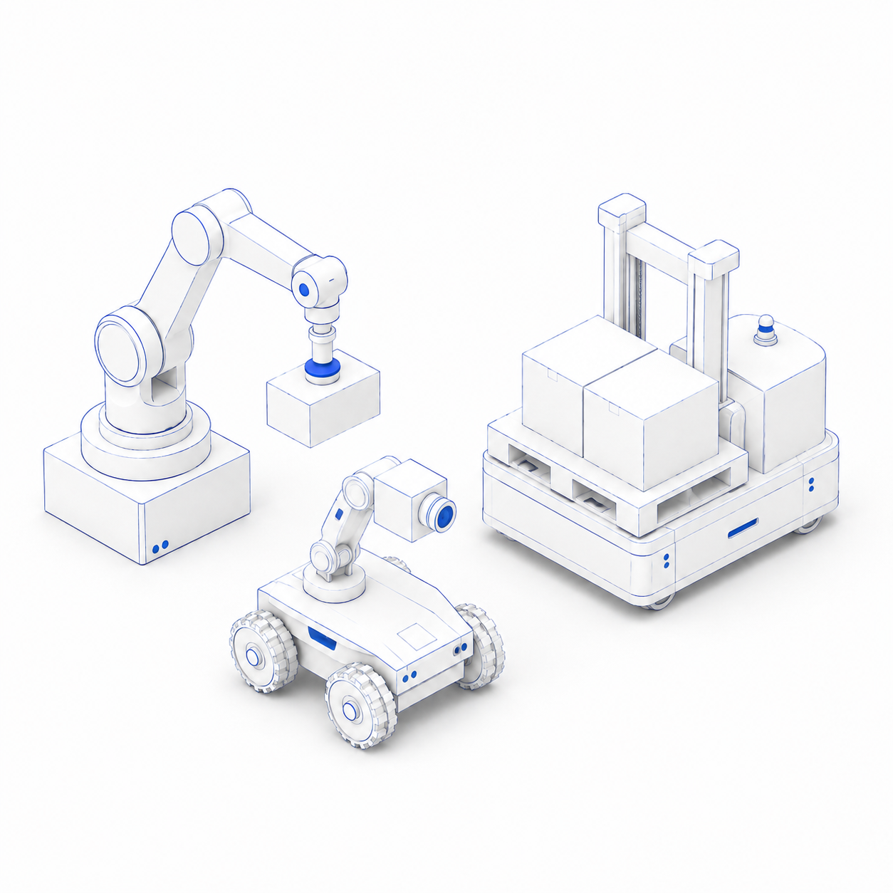 Four white tiles with cobalt outlines representing different robot use cases.